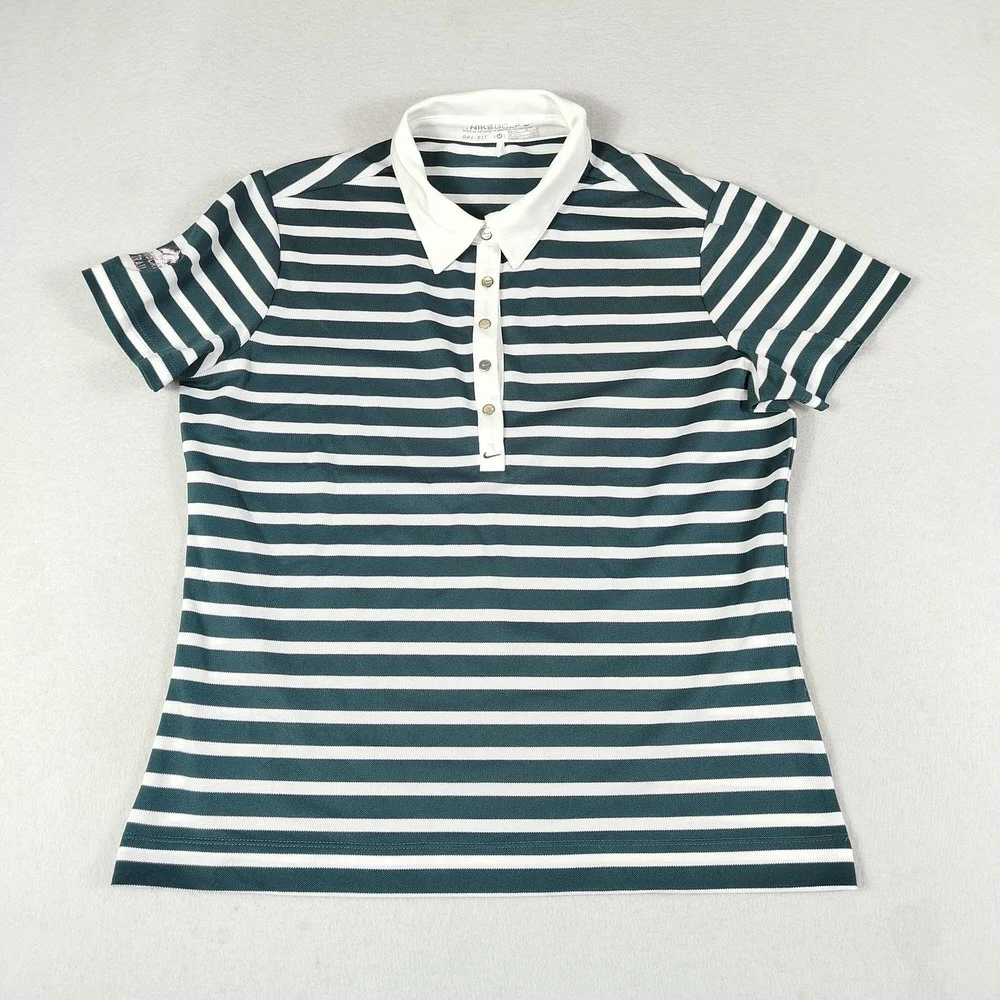 Nike Golf Polo Shirt Womens Medium‎ Green White Stripe Dri Fit Bobcat Trail